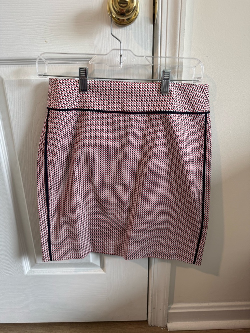 Ann Taylor Red Patterned Pencil Skirt with Navy Piping